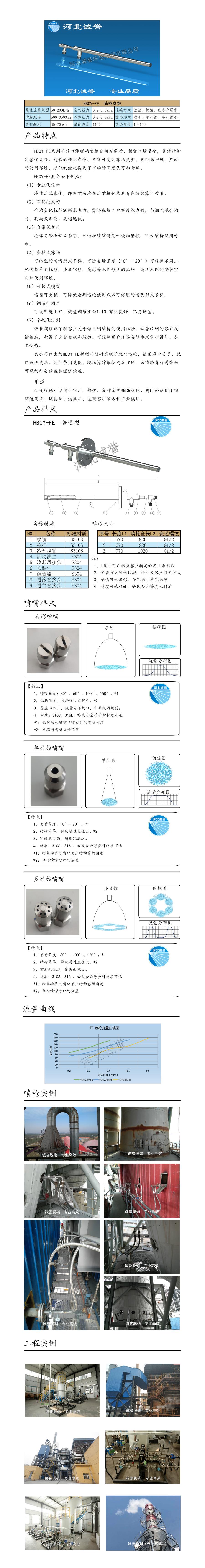 電廠脫硝噴槍保護(hù)套、噴槍參數(shù)、材質(zhì)尺寸、流量分布圖、扇形空心錐俯視圖介紹，以及噴槍霧化視頻展示和工程案例介紹